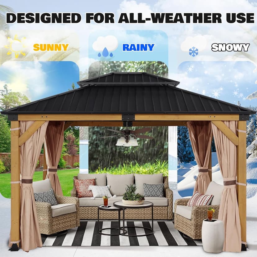 StarEcho 10'x12' Wooden Hardtop Gazebo,Wood Heavy Duty Solid Cedar Gazebos with Mosquito Netting and Waterproof Curtains,Outdoor Metal Canopy for Backyard,Lawn, Garden, Deck