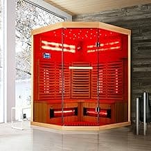 Infrared Sauna,3-4 Person Home Sauna with Himalayan Salt Brick,Original Corner Sauna Spa Room with 7 Color Starry Sky Top,Canadian Hemlock & Tempered Glass, 220V