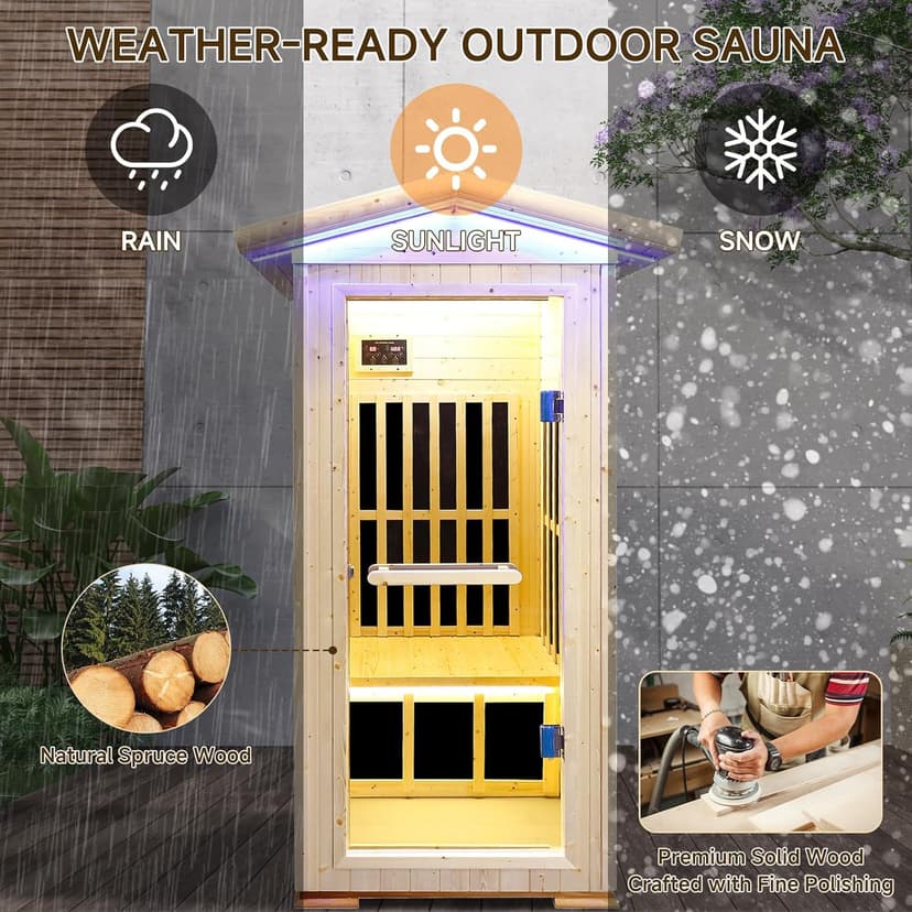 Outdoor Sauna 1 Person for Home Backyard Sauna Outdoor Infrared Sauna 1 Person Dry Sauna for Home Far Infrared Sauna Outdoor Spruce Wood Sauna 1300W Low EMF Single Person Infrared Sauna Room in Home
