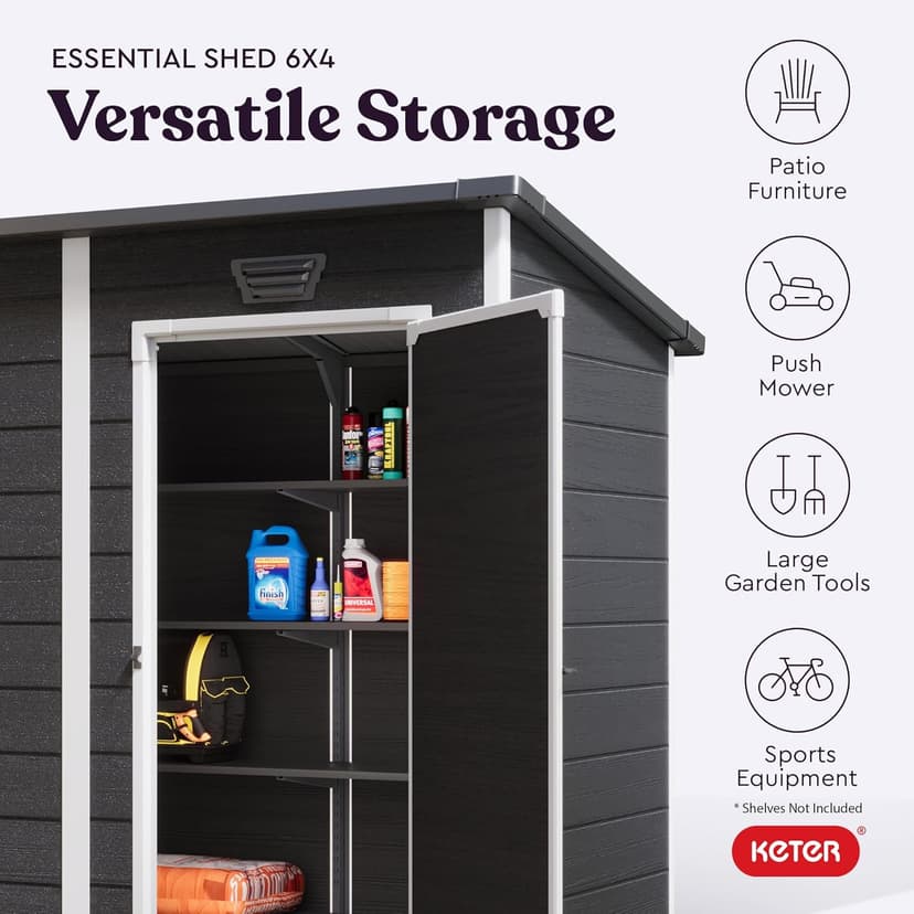 Keter Essential Shed 6x4 Resin Outdoor Storage Shed Ideal Storage for Patio Furniture, Garden Tools Bike Accessories, Beach Chairs and Lawn Mower, Black and White