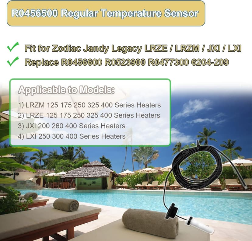 Upgraded R0456500 Temperature Sensor, for Zodiac Jandy Legacy LRZE / LRZM / JXI / LXI 125 175 200 250 260 300 325 400 Pool / Spa Heaters, Replace R0456600 R0523900 R0477300 6204-209 Thermistor Sensor