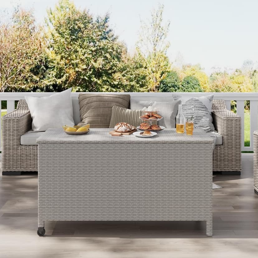 120 Gallon Outdoor Storage Box, Waterproof PE Rattan Deck Box With Wheels, Large Storage Bench for Patio Cushions, Tools, Pool Supplies, Grey