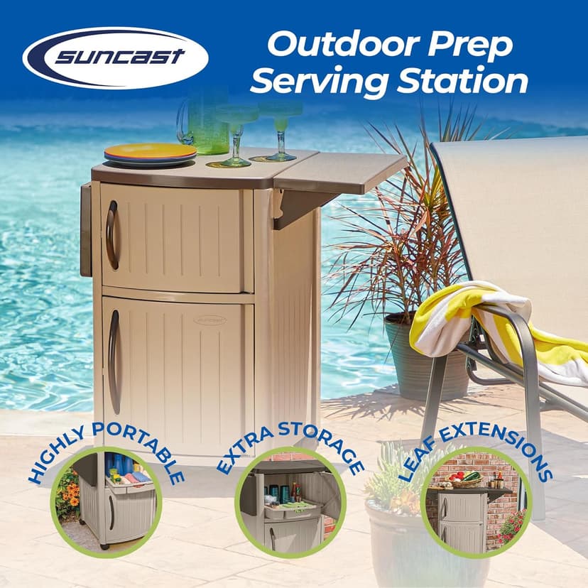 Suncast Outdoor Patio Grill Prep Station Cart with 2 Storage Cabinets, Light Taupe/Mocha