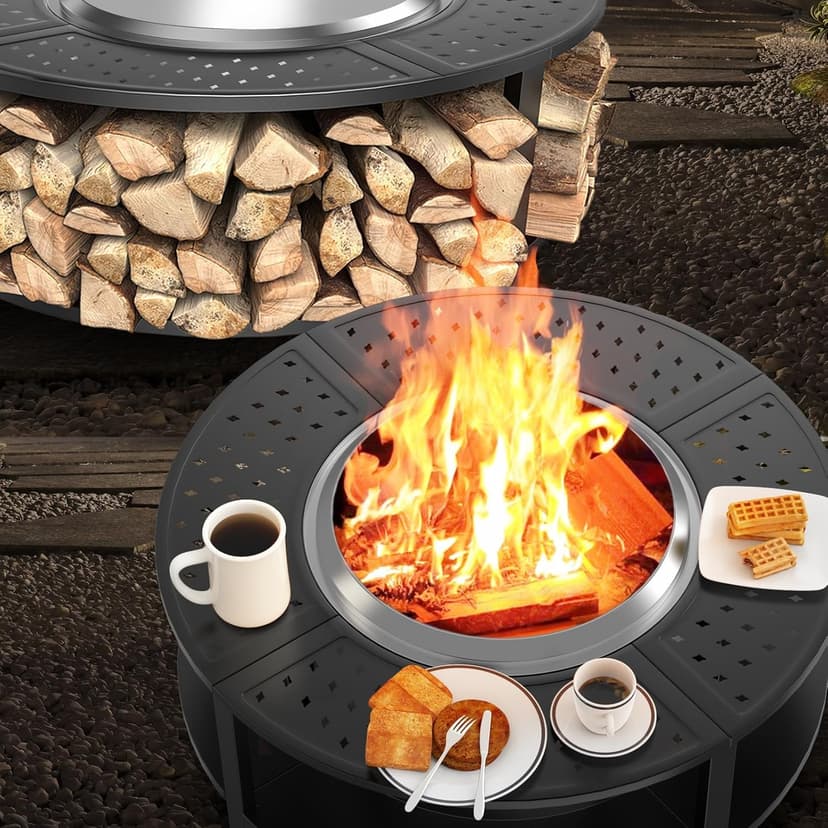 Uniflasy 48" Fire Pit Surround Tabletop for Solo Stove Yukon/Bonfire & Tiki, Powder-Coated Steel Surround Table with Firewood Storage Shelf for Safety & Extra Space, Outdoor Smokeless Fire Pit Table