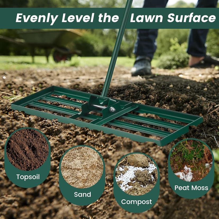 Goplus Lawn Leveling Rake, 42" x 10" Heavy Duty Level Lawn Tool w/ Ergonomic Handle for Soil, Effort-Saving Landscape Rake for Garden, Backyard, Golf Course, Farm, Pasture