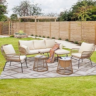 NICESOUL® 6 Pcs Boho Outdoor Patio Furniture Set, High Back L-Shaped Sectional with Ice Bucket Table, 500lbs Sturdy Comfy Wicker Conversation Sofa for Garden Balcony Deck Porch or Backyard, Beige