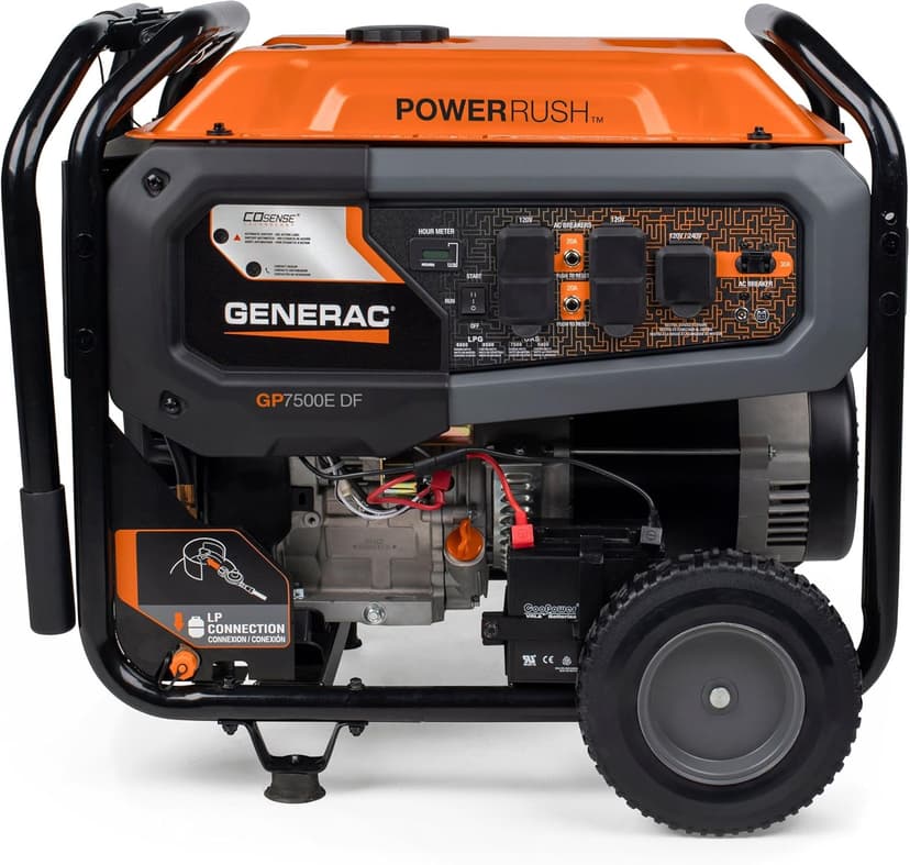 Generac 7,500-Watt Dual-Fuel Compatible Portable Generator - Gas and Propane - COsense Technology with Electric Start - PowerRush Advanced Technology - Reliable Power Solution - Home Use, Orange/Black