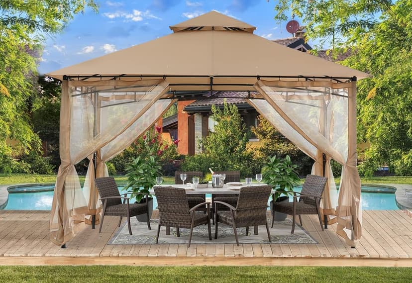 ABCCANOPY Gazebos for Patios 10x12 - Outdoor Steel Frame Gazebo with Mosquito Netting for Lawn Backyard Garden Deck (Beige)