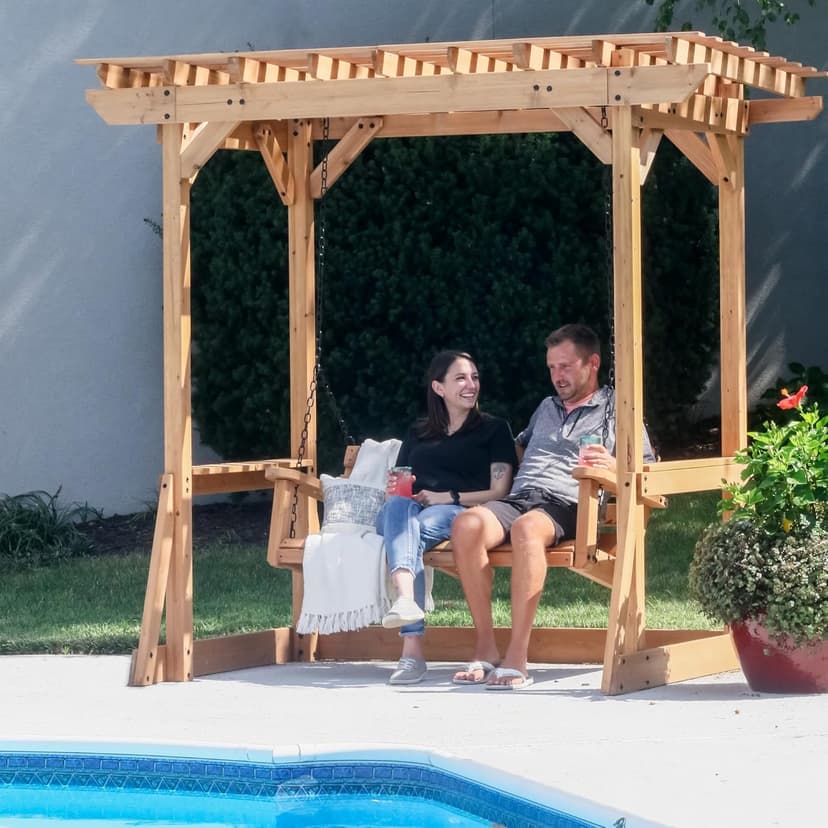 Backyard Discovery Callahan 8' x 5' Cedar Wood Outdoor Patio Pergola Swing Bench with Trellis, Two-Person Seating, Chains, Water Resistance, 600 Lb Weight Capacity for Porch, Patio, Deck, Garden