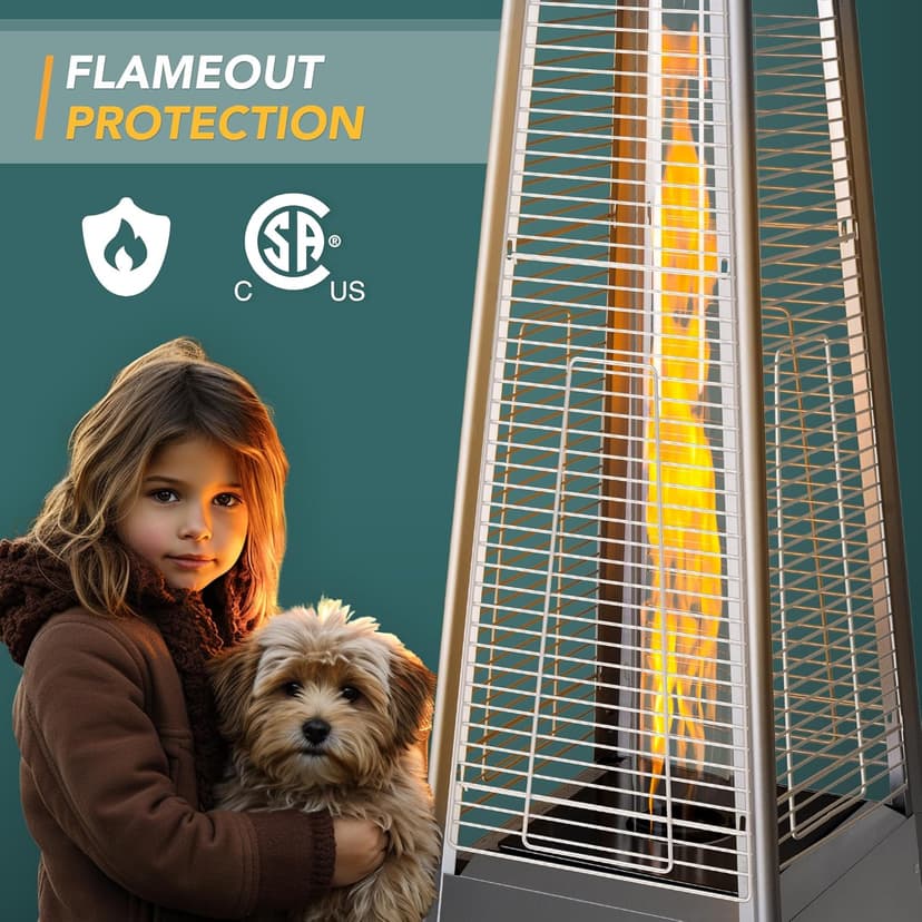 Pamapic Patio Heater, 48,000 BTU Pyramid Flame Patio Outdoor Heater with Cover, Quartz Glass Tube Stainless Steel Propane Heater with Wheels (Stainless Steel Color)