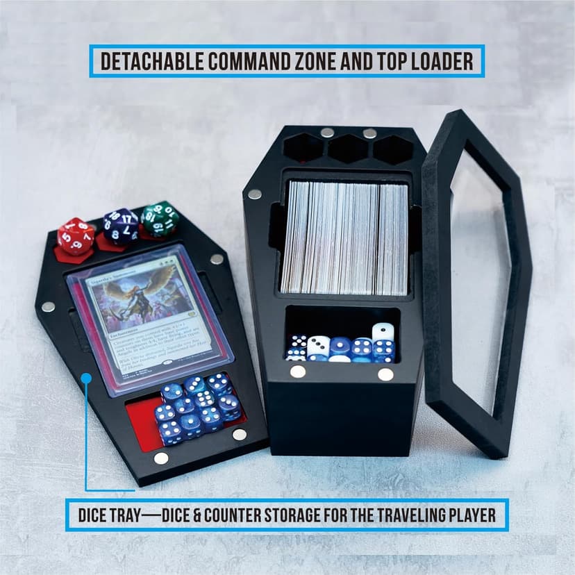 Card Deck Box with Dice Tray, Glass Casket Deck Box Compatible with MTG, TCG and Sports Cards, Handcrafted Wooden Deck Holder for EDH Commander Deck, Detachable Command Zone and Top Loader