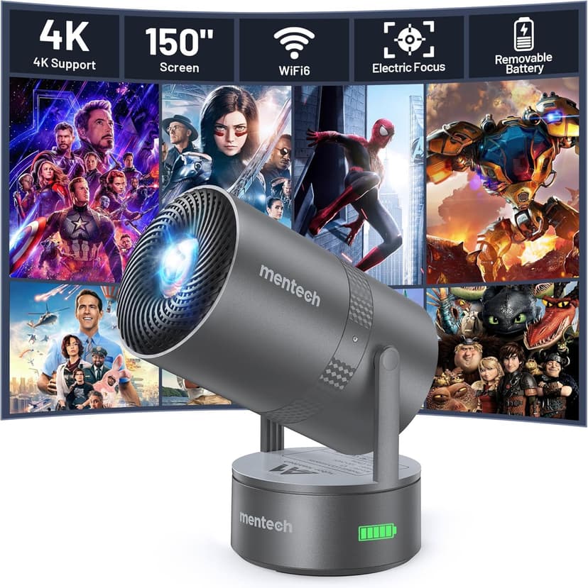 [Built-in Battery] Mini Projector With Wifi and Bluetooth, 4K Decoding 1080P Supported 270 Rotatable 150'' Screen Auto Keystone Home Outdoor Portable Smart Projector, Iron Grey
