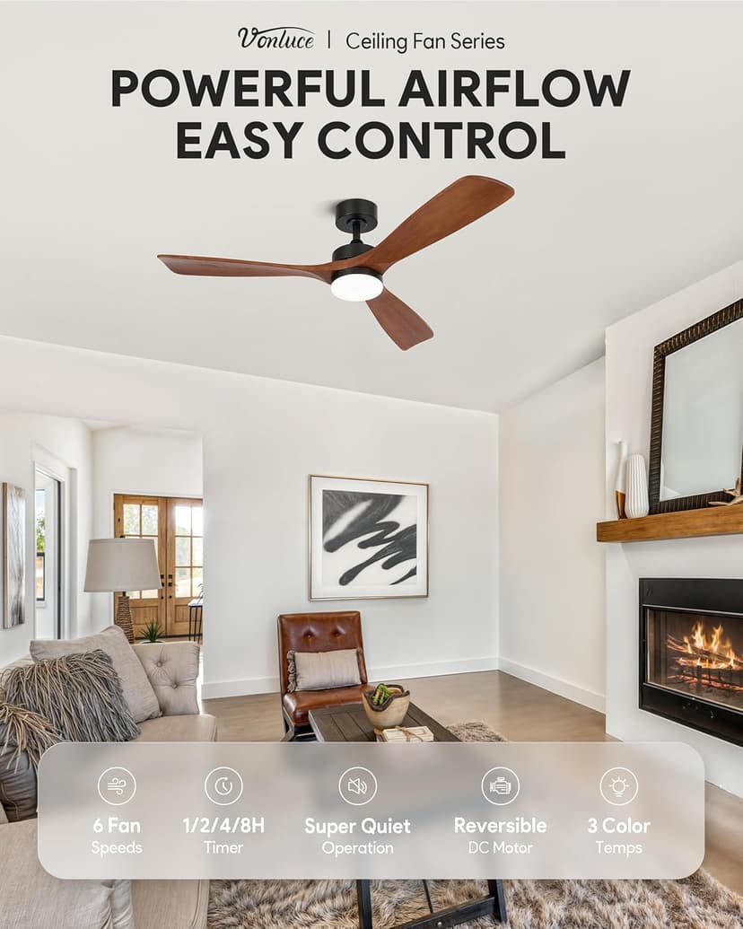 VONLUCE Ceiling Fans with Lights, 52 Inch Ceiling Fan and Remote, 6 Speed Reversible Noiseless DC Motor, 3CCT, Wood Ceiling Fan for Outdoor Indoor Farmhouse Patios, Walnut