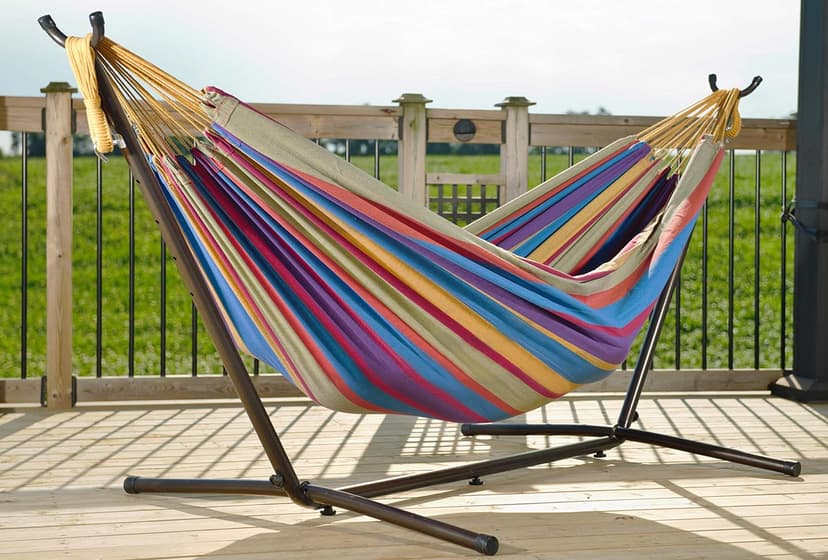 Vivere Double Cotton Hammock with Space Saving Steel Stand, Upgraded Polyester End Strings 450 lb Capacity - Premium Carry Bag Included - USA Grown Cotton (Tropical)