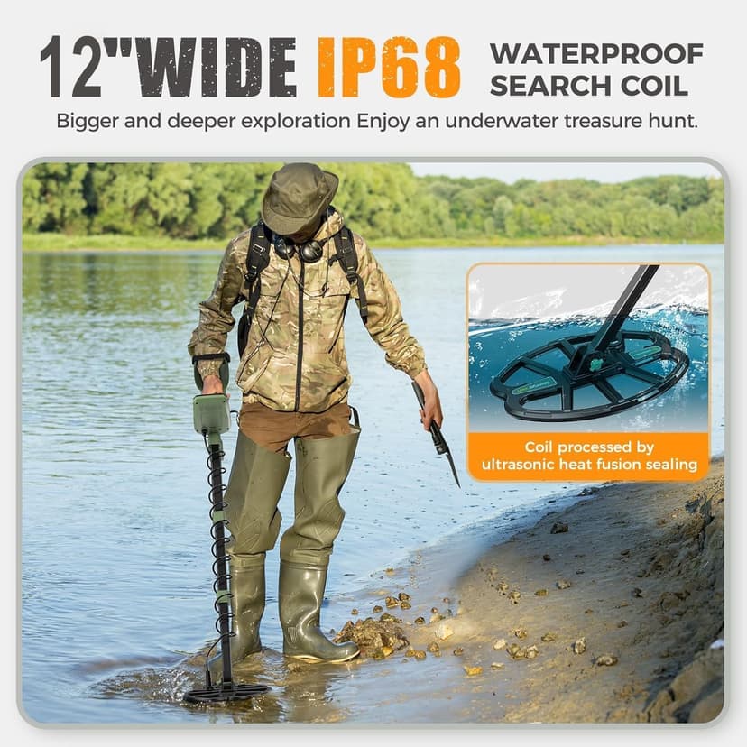 Metal Detector for Adults,12" IP68 Waterproof Search Coil with High Accuracy System,Advanced DSP Chip Technology,5 Modes with LCD Backlit Display for Beach Hunting&Jewelry Finding
