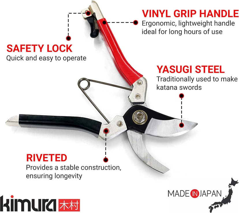 Kimura® 8" Samurai Garden Pruning Shears, [Made in Japan], Heavy Duty Premium Japanese Yasugi Steel Blades, Non-Slip Vinyl Coated Handles, Ergonomic, Japanese Bypass Pruning Shears