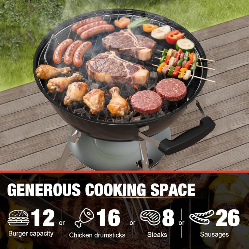 18 inch BBQ Charcoal Grill, Outdoor Portable Grill, Round Kettle Barbecue Grills, Durable & Easy to Assemble, Perfect for Backyard, Camping, Small Patio, Black