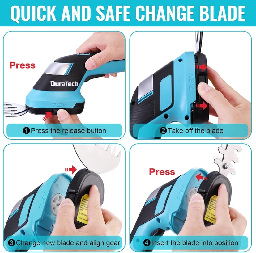 DURATECH Cordless Hedge Trimmer, 7.2V 3-in-1 Handheld Electric Grass Trimmer & Hedge Shears with 50" Wheeled Extension Pole, USB Type-C Cable and Built-in Li-ion Battery, for Garden, Yard and Lawn