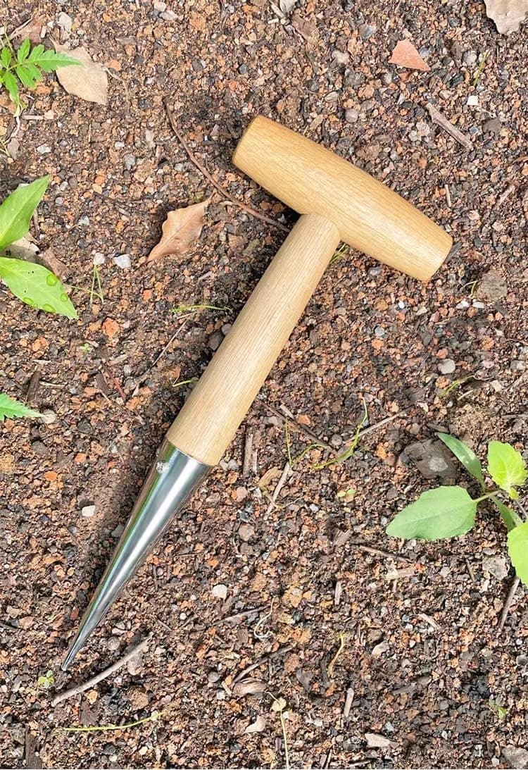 Hand Dibber Stainless Steel Sow Dibbler with Wooden Handle Garden Hole Punch Dibbler Tool for Planting Flowers Tulips, Transplanting Plants,Transplanting Seedling (Garden Dibbler)