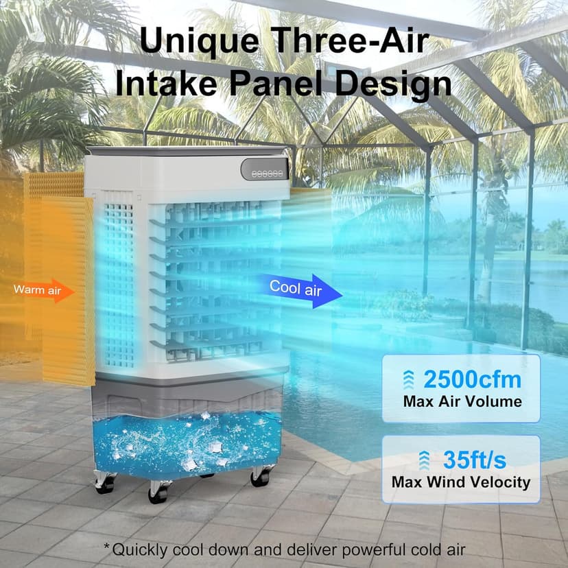 MEPTY 2500CFM Swamp Cooler Air Conditioner, 3-IN-1 Evaporative Air Cooler with 8Gal Tank, 120°Oscillation, 12H Timer, Remote Control, 3 Speeds, Outdoor Cooling Fan for Patio, Garage, Porch,Indoor Use