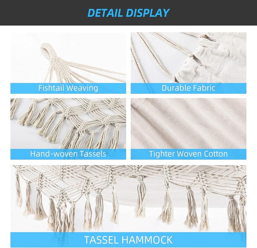Indoor Hammock with Macrame Fringe for 2 Persons,Double Boho Hammocks with Tassels,Portable Cotton Rope Hamaca Swing with Travel Bag for Outside,Porch,Garden,Patio,Backyard,Up to 500lbs White