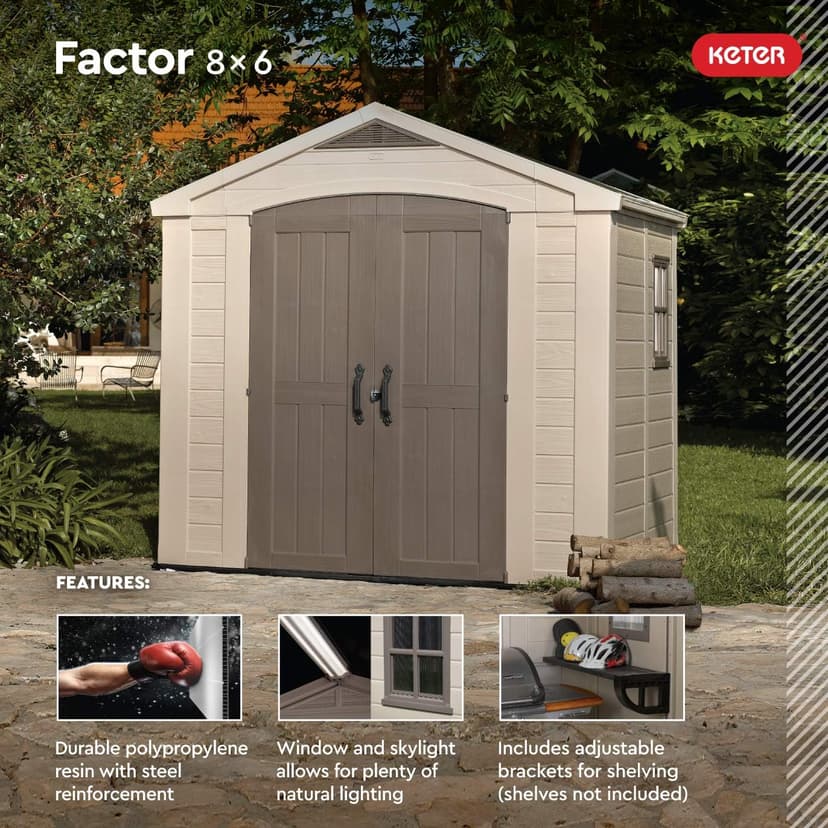 Keter Factor 8x6 Large Resin Outdoor Storage Shed for Patio Furniture, Lawn Mower, Garden Accessories Yard Tools, and Pool Toys, Taupe