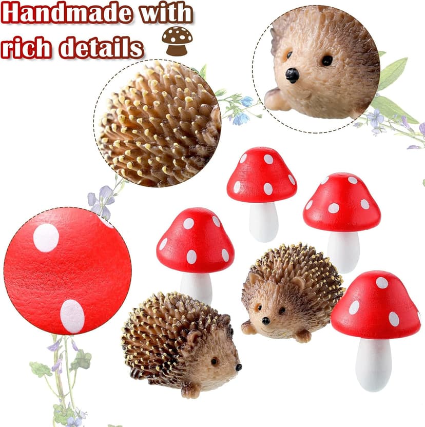 Queekay Resin Hedgehogs & Wood Mushroom Sculpture, Fairy Wild Garden Supplies, 6 Pieces, Red, Handmade Decor