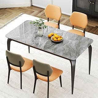 Dining Table, Sintered Stone Kitchen Table, 55'' Grey Modern Rectangular Slate Patio Table with Metal Legs, Indoor Outdoor Stone Dining Table for Patio, Backyard, Scratch and Heat Resistant