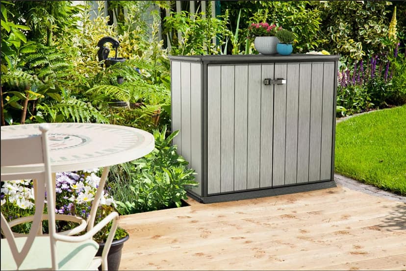 Keter Patio Store 4.6 x 4.0 ft. Resin Outdoor Storage Shed with Paintable and Drillable Walls for Customization-Perfect for Yard Tools and Pool Toys, Grey