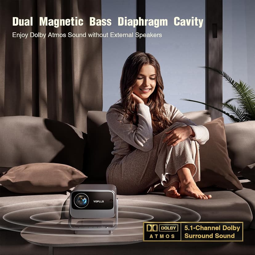 [Netflix Officially & AI Auto Focus] VOPLLS 4K Projector with WiFi and Bluetooth, 3D DoIby Audio & Auto Keystone Video Projector, 1000 ANSI Outdoor Movie Projector, 50% Zoom, MAX 300''Display(Grey)