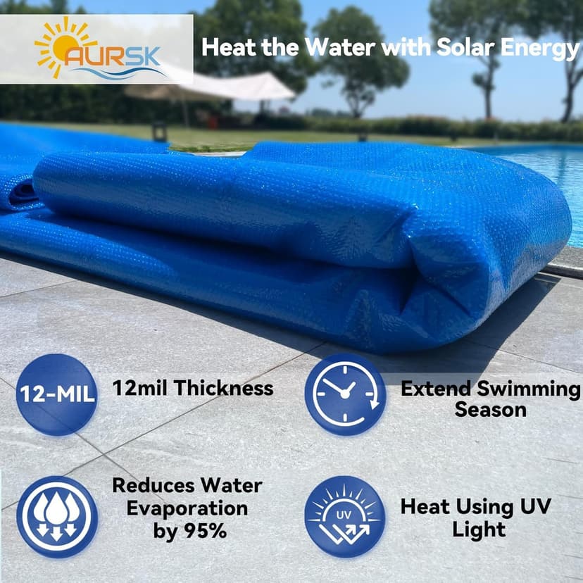 AURSK Solar Pool Cover,12mil 18x9 Foot Solar Pool Blanket for In-Ground and Above Ground Swimming Pools,Rectangular Thermal Pool Cover,Blue（9x18FT）