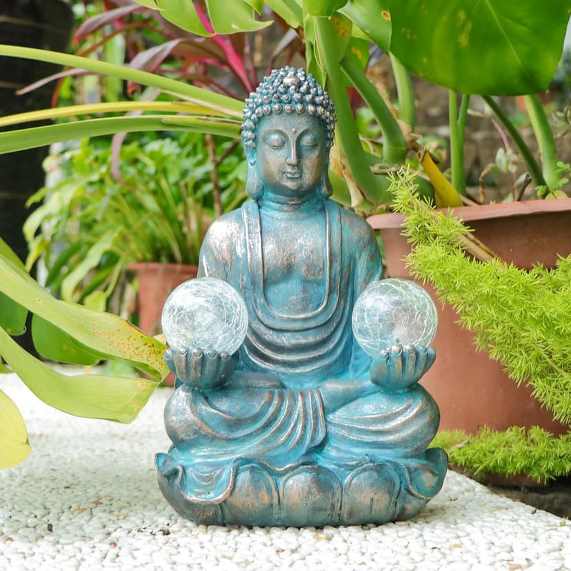 Afirst Meditating Buddha Garden Statues Solar Buddha Sculpture Decor with Glass Balls Zen Meditation for Home Garden Yard Patio Indoor Outdoor Ornaments