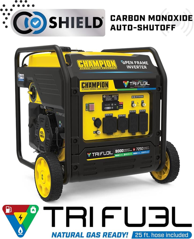 Champion Power Equipment 9000-Watt Electric Start Tri Fuel Home Backup Portable Open Frame Inverter Generator with Quiet Technology and CO Shield