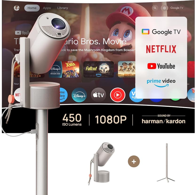 XGIMI MoGo 3 Pro NEW Outdoor Projector with PowerBase Stand, 2.5hrs Battery, Google TV with Licensed Netflix, Build-in Adjustable Stand, 450 ISO Lumens, ISA 2.0, 2 x 5W Harman Kardon