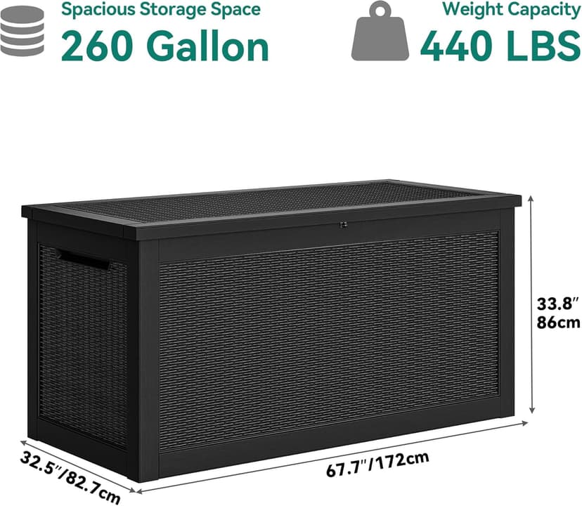 YITAHOME 260 Gallon Outdoor Storage Box, Large Water Resistant Resin Deck Box, Indoor Outdoor Lockable Storage Container for Patio, Garden, Cushions, Tools, Equipment(Black)
