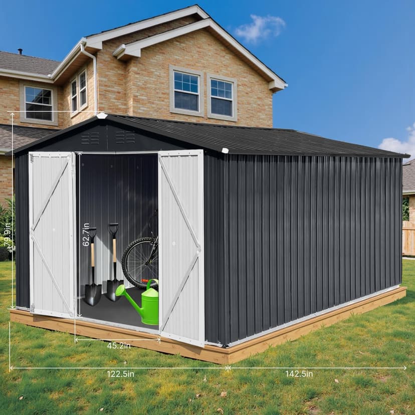 10' x 12' XL Outdoor Storage Shed, Sturdy Metal Building w/Lockable Doors for Garden, Backyard, Poolside and Lawn, Black
