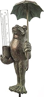 Evergreen Metal Frog Statue with Umbrella Glass Rain Gauge | Green | Garden Decor Outdoor | 18 Inches Tall | 5" Rain Capacity Easy to Read