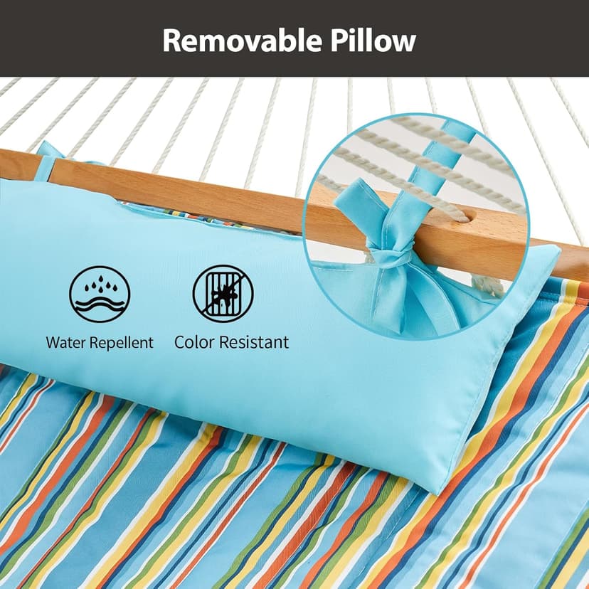 Outdoor Double Hammock with Hardwood Spreader Bars, Cotton Rope Hammock with Polyester Pad and Pillow, 475 LBS Capacity 2 Person Hammock, Large Hammock for Patio Backyard Poolside - Bule Stripe