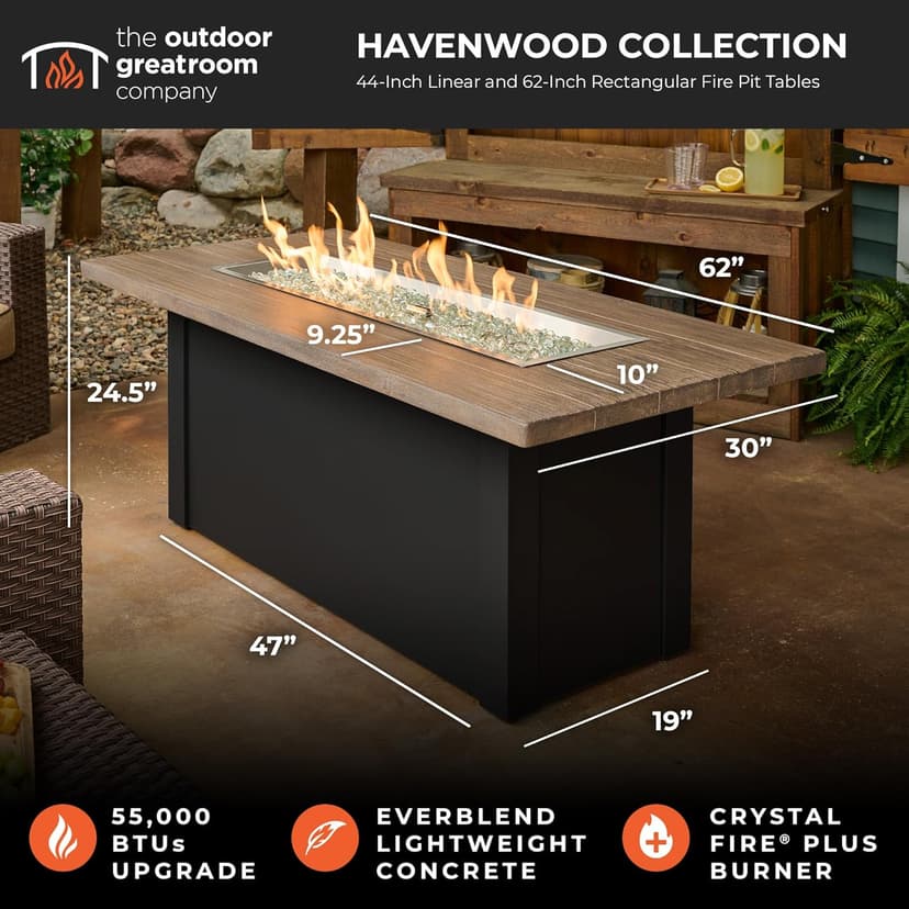 Outdoor GreatRoom Co Propane Fire Pit Table 62" Havenwood 80,000 BTU Luxury Gas Fire Pits for Outside Patio, Everblend Concrete Fire Table Top, Crystal Fire Plus Burner & Glass Cover, US Safety Rated