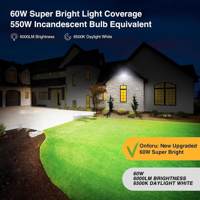Onforu 60W LED Dusk to Dawn Outdoor Lighting, 6000LM Exterior Flood Light, IP65 Waterproof Outdoor 3 Adjustable Heads Photocell Security Lights Fixture, 6500K Floodlights for Garage, Patio, Yard