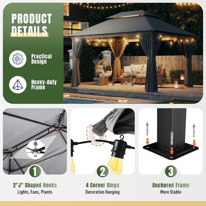 AOXUN Outdoor Gazebo for Patio 10x12, Metal Frame Canopy with Double Roofs, Heavy Duty Party Tent and Shelter with Mosquito Netting and Privacy Screen for Backyard, Lawn, Garden,Deck (Gray)