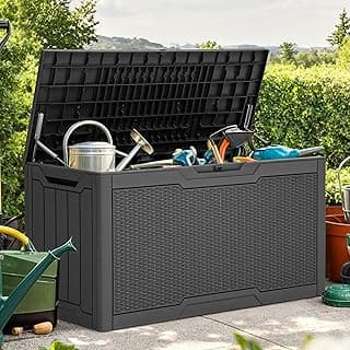 YITAHOME 80 Gallon Resin Deck Box, Weather Resistant Outdoor Rattan Storage Box, Lockable Indoor Outdoor Storage for Supplies and Essentials, Dark Gray