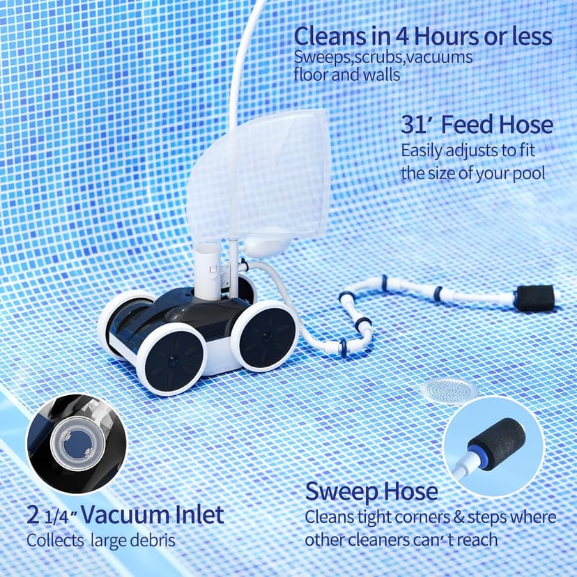 Upgrade Pool Pressure Side Sweeper: Professional Solution for Cleaning Your Swimming Pool (Four Wheels Better Than Three)