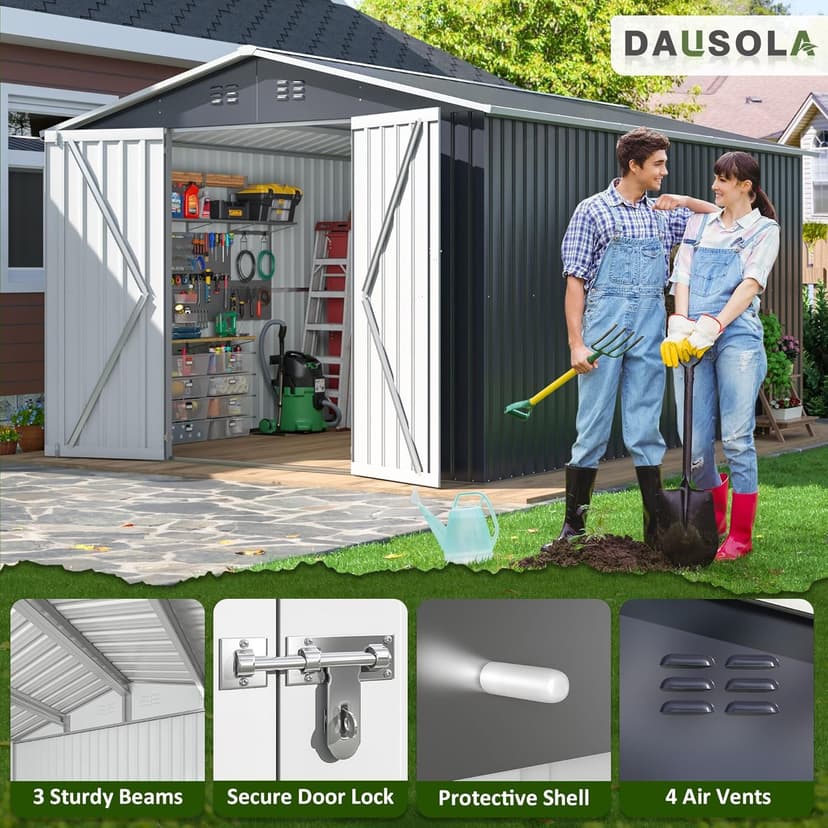10x12 FT Outdoor Storage Shed, Metal Garden Tool Shed with Updated Frame Structure and Lockable Doors, Ideal for Garden Backyard Patio Lawn, Grey
