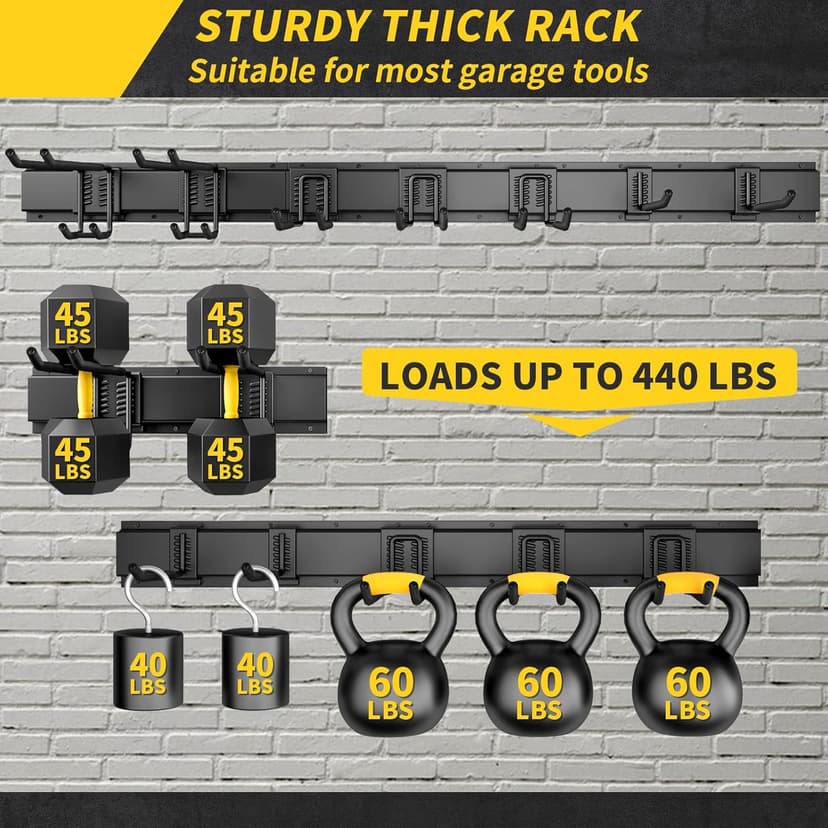 Garage Storage, Garage Organization, Wall Mount Garden Tool Organizer 48 Inches, 440lbs Adjustable Heavy Duty Metal Hooks, Yard Shed Rack Holder System Hanging Rake Broom Mop Snowboard, Men Gift