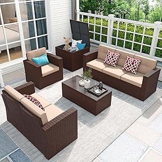 JOIVI 8 Pieces Outdoor Patio Furniture Set with 88 Gallon Storage Box, Rattan Wicker Patio Conversation Set with Coffee Tea Table, Outdoor Sectional Furniture Sofa Set with Cushions, Brown