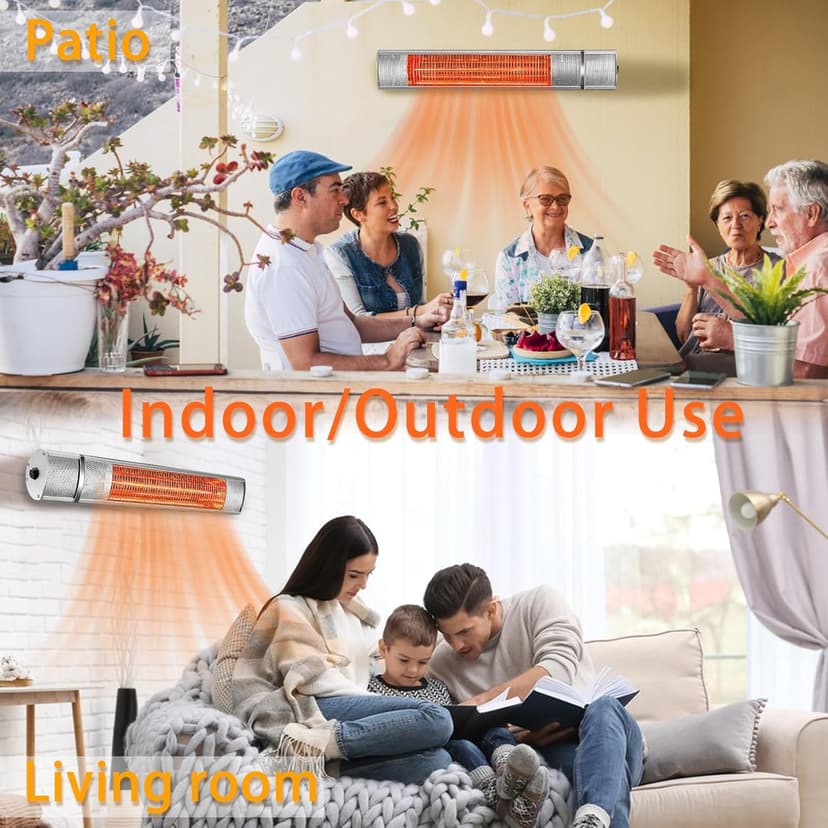 Wall-Mounted Patio Heater for Outdoor Use Electric Infrared Heaters 1500w with 3 Level,Waterproof Space Garage Heater, 3s Heating Remote Control, Silver