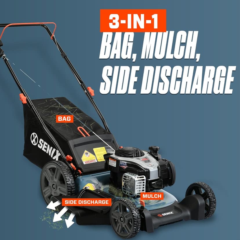 SENIX LSPG-M7 21-Inch Gas Push Lawn Mower with 140 cc 4-Cycle Briggs & Stratton Engine, Bagging, Mulching, and Side Discharge, 6-Position Dual Lever Height Adjustment