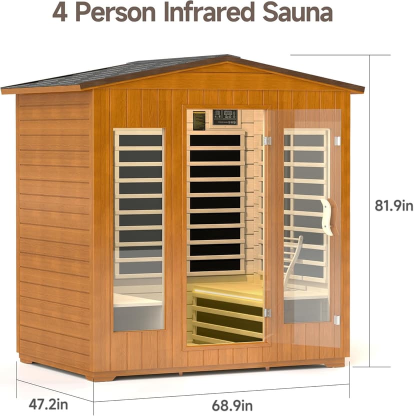Real Relax Outdoor Infrared Sauna 4 Person for Home, Low EMF Far Infrared Sauna Spruce Wood Sauna with 10min Rapid preheating, Bluetooth, LCD Panel