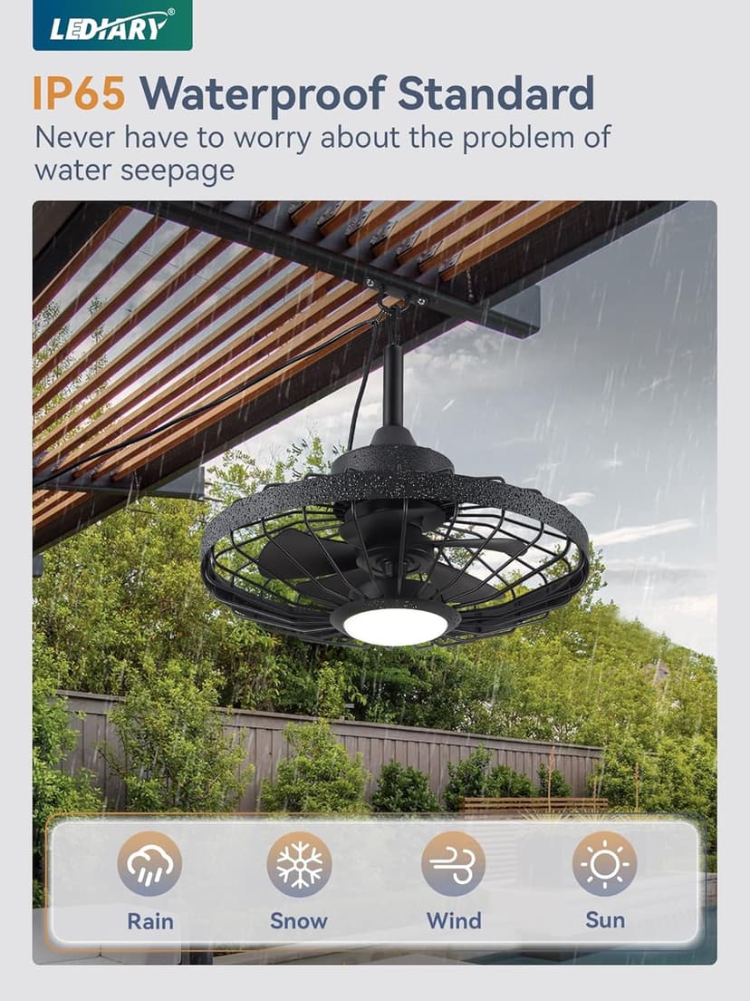 LEDIARY 20" Outdoor Ceiling Fans with Lights and Remote Control, Waterproof Caged Ceiling Fan with 3 Color LED Light,Portable Hanging Gazebo Fan with Plug in Cord Hook for Patios,Black